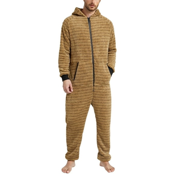Yhkghxis Men's Hooded Onesie Pajamas Lightweight Fuzzy Fleece Zip Up Jumpsuit Long Sleeve Long Pants One Piece Pjs
