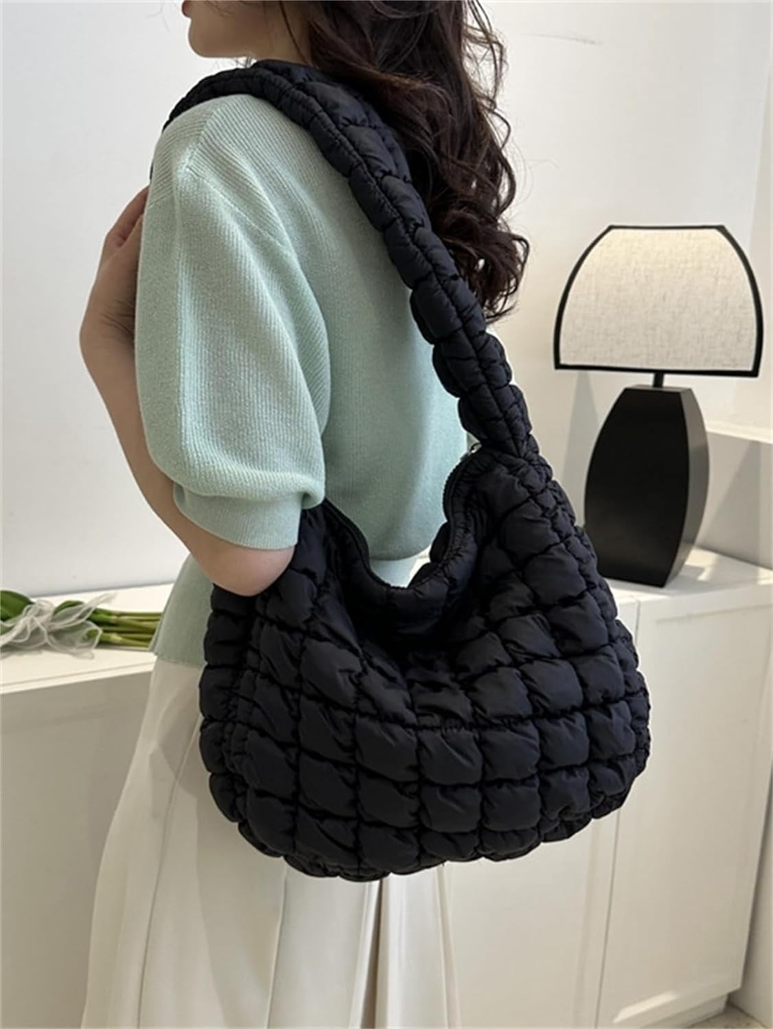 Kukuzhu Puffer Tote Bag Women Quilted Large Shoulder Bags Puffy Bubble Hobo Pleated Purse Nylon Padding Cloud Crossbody Bag 2023