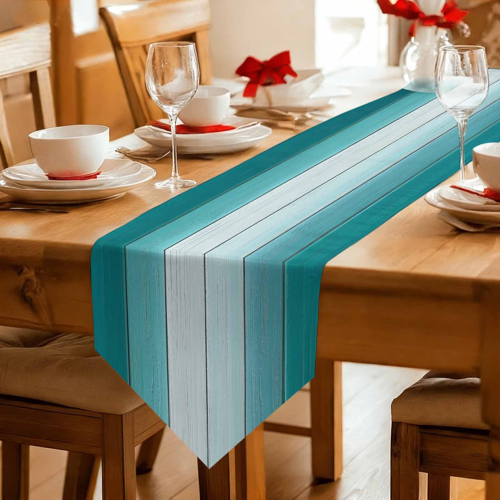 Aqua Ombre Table Runner Linen Burlap Table Runner 90 Inches Long Vintage Country Wooden Dresser Scarves for Kitchen Island Coffee Dining Room Party Wedding Banquet Holiday Decoration 13"x90"