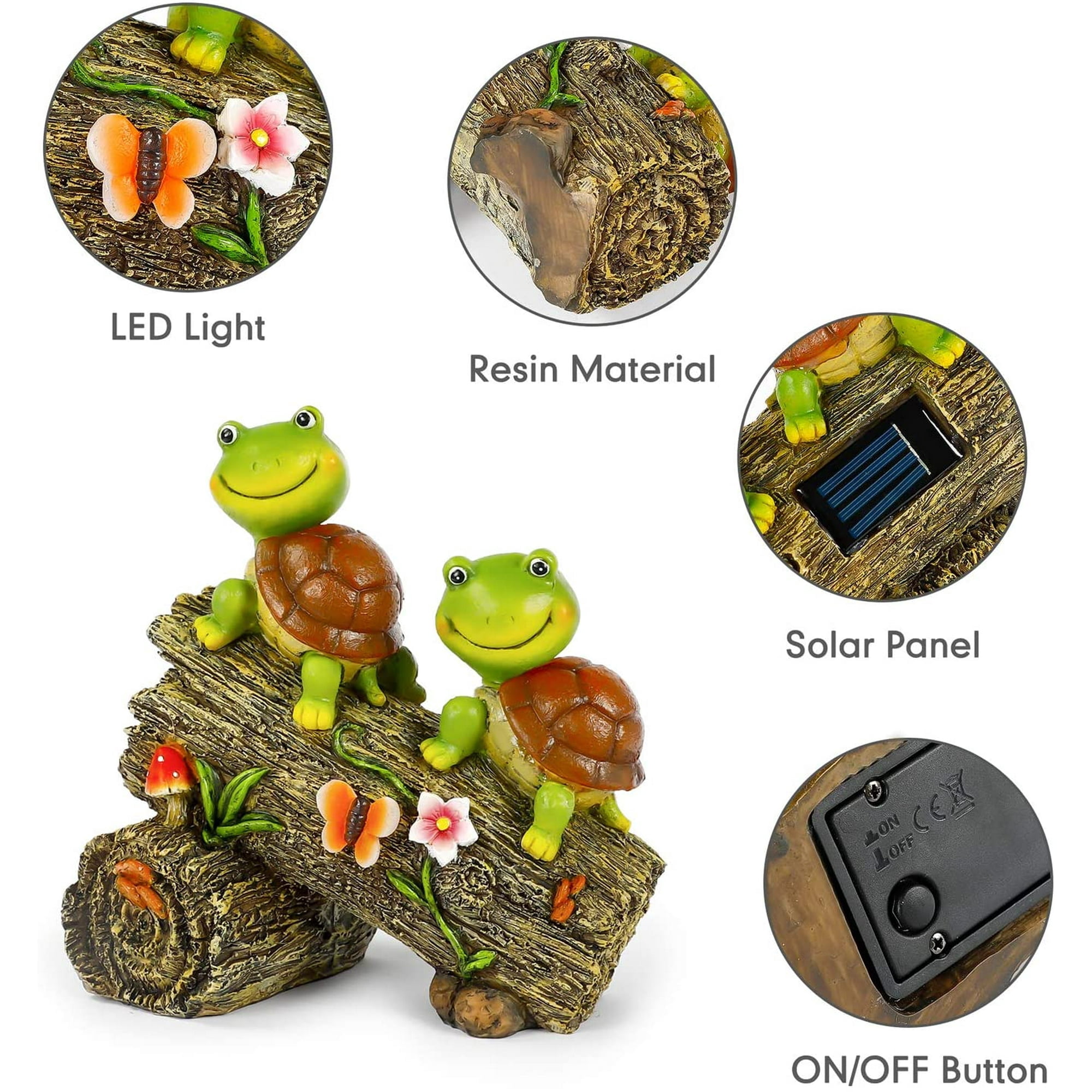 Garden Turtle Figurines Outdoor Decorations, Solar Powered Sweet Frog Face Turtles Resin Statue with 4 LED Lights, Garden Art Spring Fall Winter Christmas Decor for Patio Lawn Yard