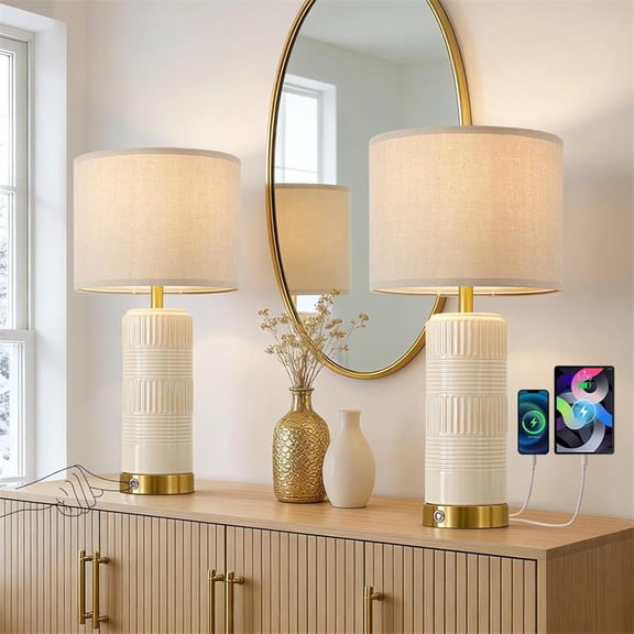 Lumadin White Ceramic Table Lamps Set of 2 with USB A C Charging Ports,23" 3-Way Touch Control Dimmable Bedside Lamps with Linen Shade,Modern Nightstand Lamps for Bedroom Living Room (Bulbs Included)