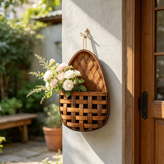 Wooden Hanging Wall Basket, 14.96 x 9.45 x 1.57 in Handwoven Flower Arrangement Holder and Storage Organizer for Entryway, Kitchen and Bathroom