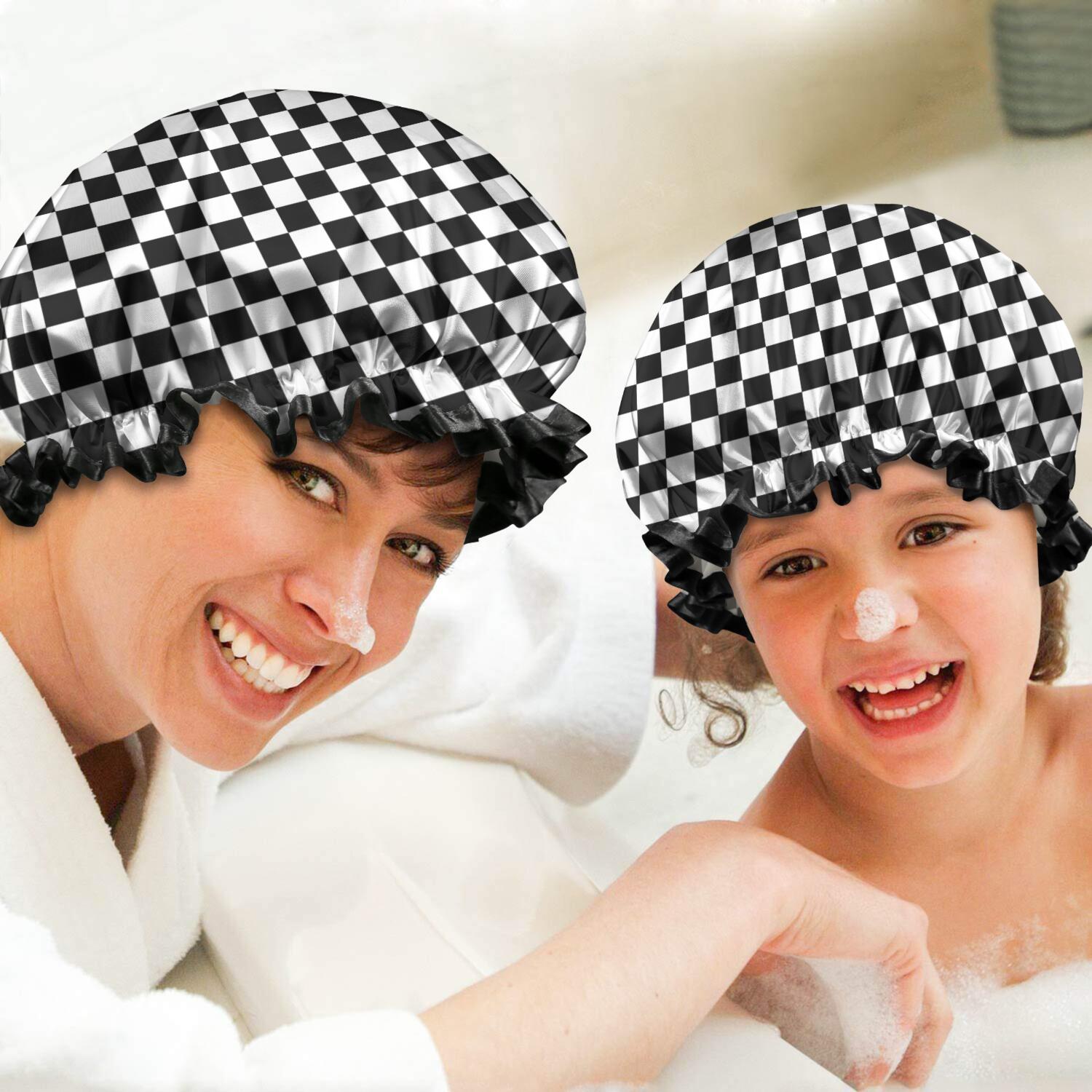 Shower Caps,Black White Checkered Pattern Waterproof Shower Cap for Women 4 Pieces,Double Reusable Hair Cover for Shower PEVA Elastic Stretch Hem