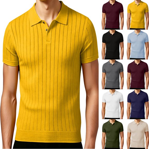 Wrtxtat Golf Shirt for Men Ribbed Knit Lapel Button Short Sleeve T Shirts Lightweight Casual Business Comfy Slim Fitted Pullover Tops Navy L
