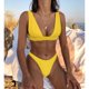 thumbnail image 3 of Traje de baño para mujer Cuello en V Color puro Talle alto Espalda en T Correas regulables 9 Forma Botón trasero Trajes de baño divididos para playa Amarillo M, 3 of 6