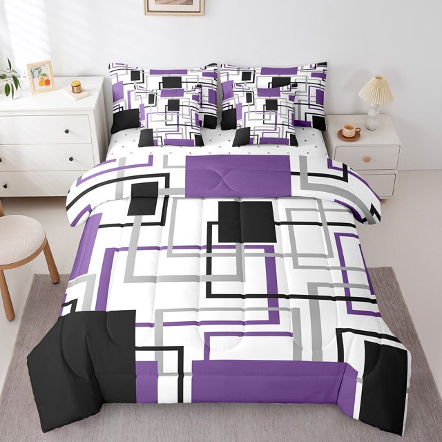 Erosebridal Ensembles de Literie à Rayures Abstraites Taille Simple, Ensembles de Couette Violet Noir avec Draps, Décor Géométrique, Réversible, Léger, 7 Pcs