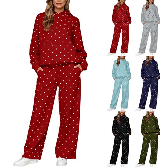 XUNKUSGA Sweatsuits Women 2 Piece Outfit Fashion Polka Dot Tracksuits for Women Set Oversized Hoodie and Wide Leg Sweatpants 2 Piece Womens Fall Outfits for Streetwear Daily Wear,Size S