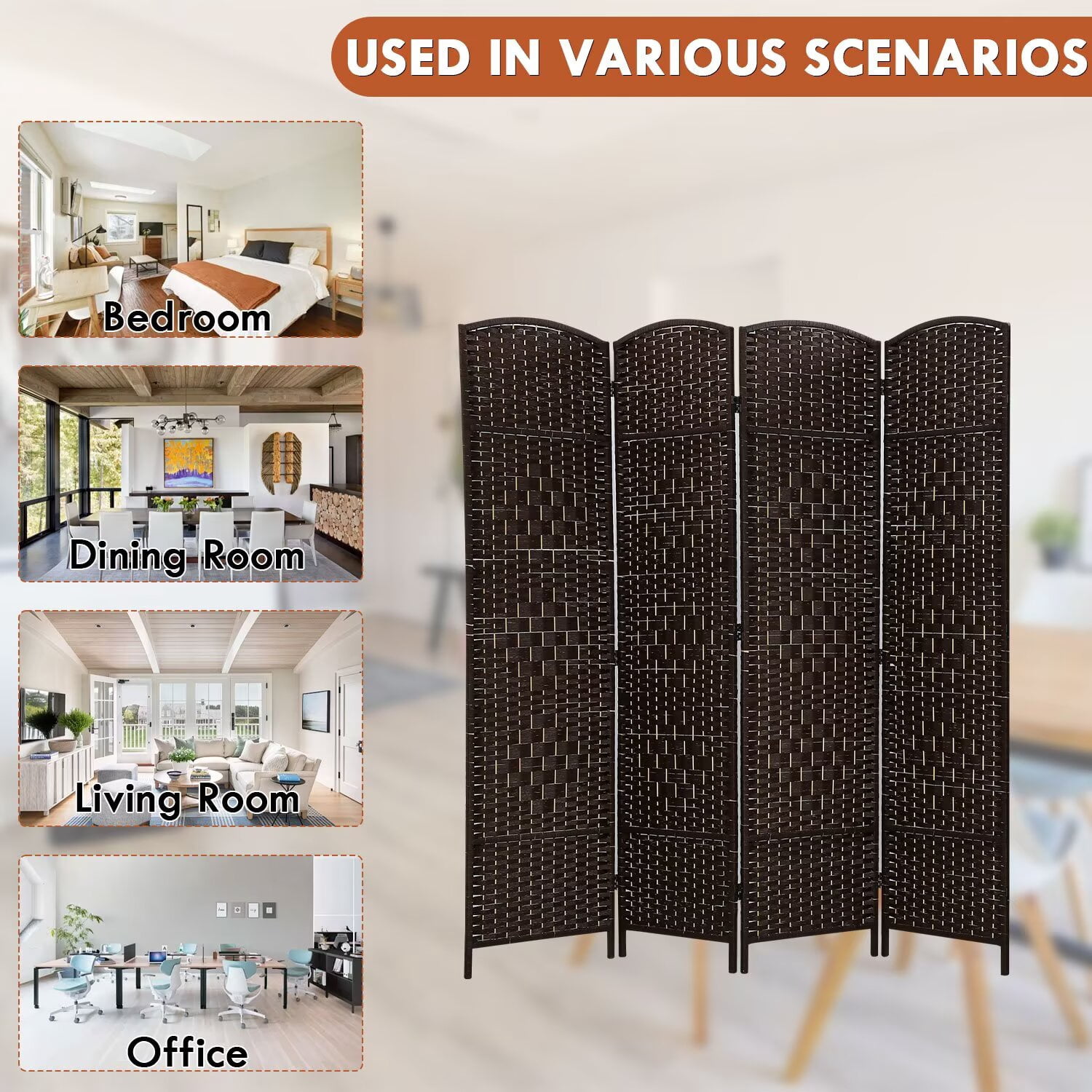 YRLLENSDAN,Room Dividers Panels Folding,Privacy wall Indoor,Wall Divider for Room Separation,Folding Privacy Screen, Freestanding,Wood,4 Panel,Brown