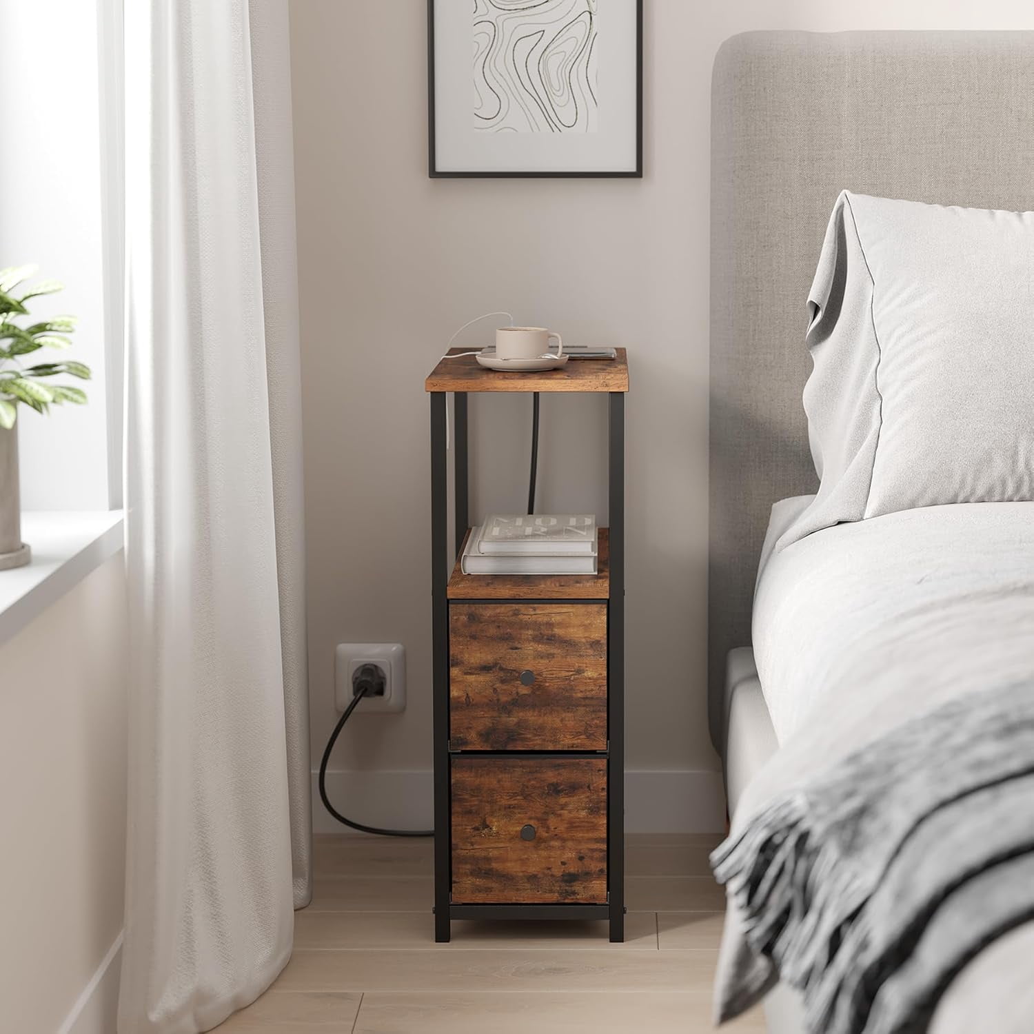 Small Narrow LED End Table with Charging Station, Side Table Outlets, Nightstand with 2 Cloth Drawers, Set of 2, Couch Table, for Living Room, Bedroom, Bedside, Brown TB01BB056