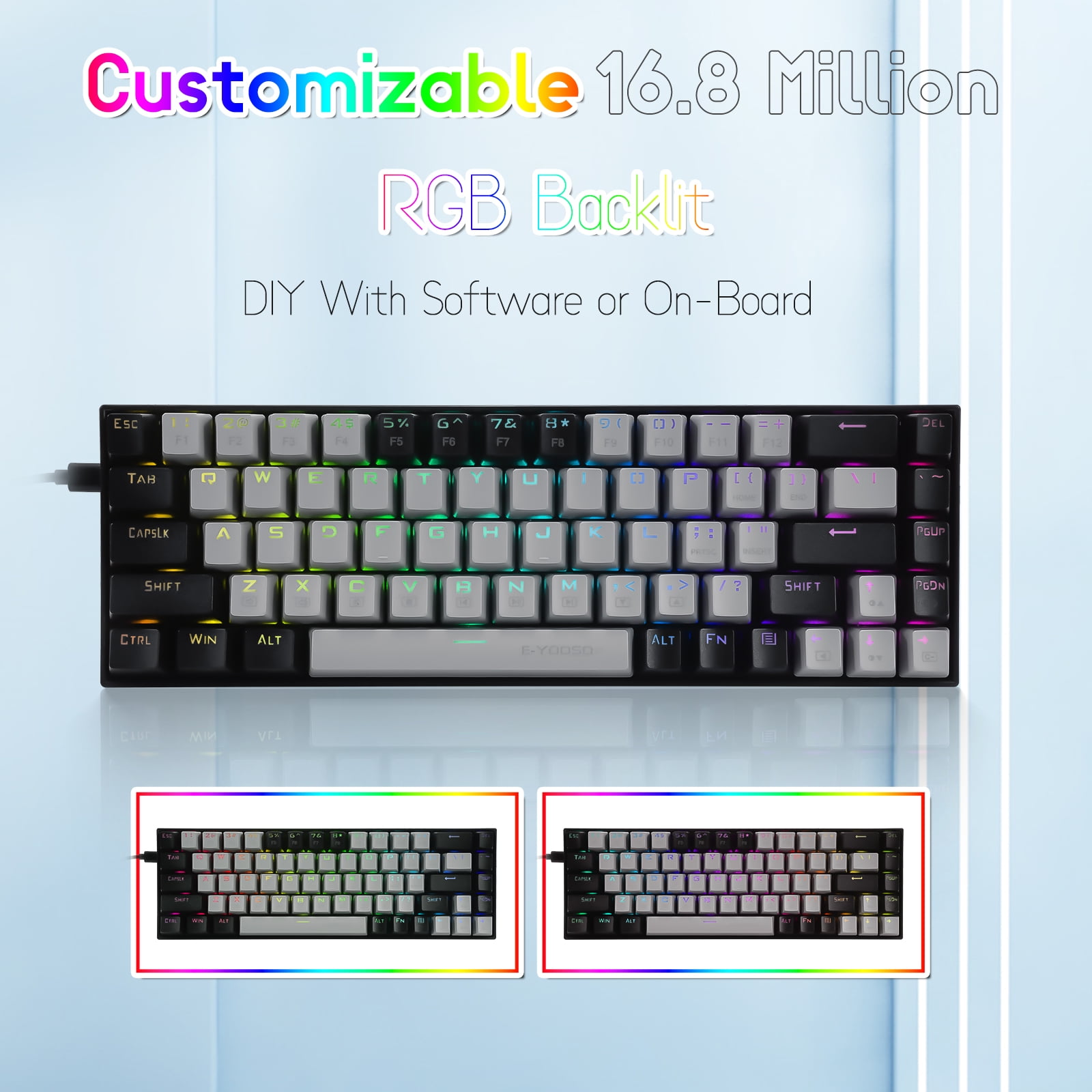 65% RGB Gaming Keyboard, E-YOOSO Z-686 Wired 68 Keys Mechanical Keyboard, Linear Red Switches, Pro Software Supported, Detachable Cable, Separate Arrow Keys - Grey/Black
