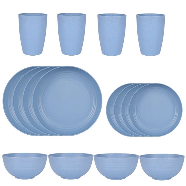 Nvzi 16pcs Wheat Straw Dinnerware Set,Plates and Bowls Set,Camping Dish Set for 4, Plastic Dinnerware Set,Dishwasher Safe Dinnerware Set,Blue