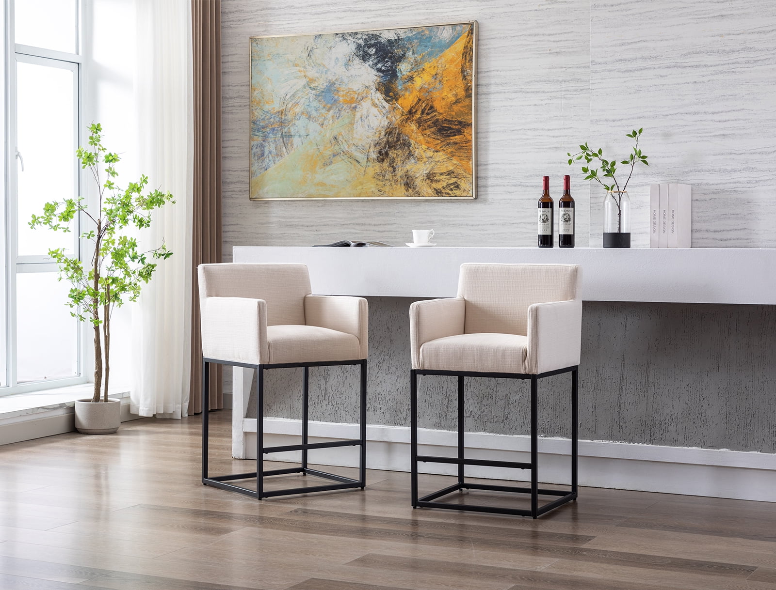 Guyou 26.75" Modern Bar Stools Set of 2, Linen Upholstered Counter Height Bar Stool with Back and Arms, Kitchen Island Stool with Black Metal Frame for Home Bar Restaurant, Cream
