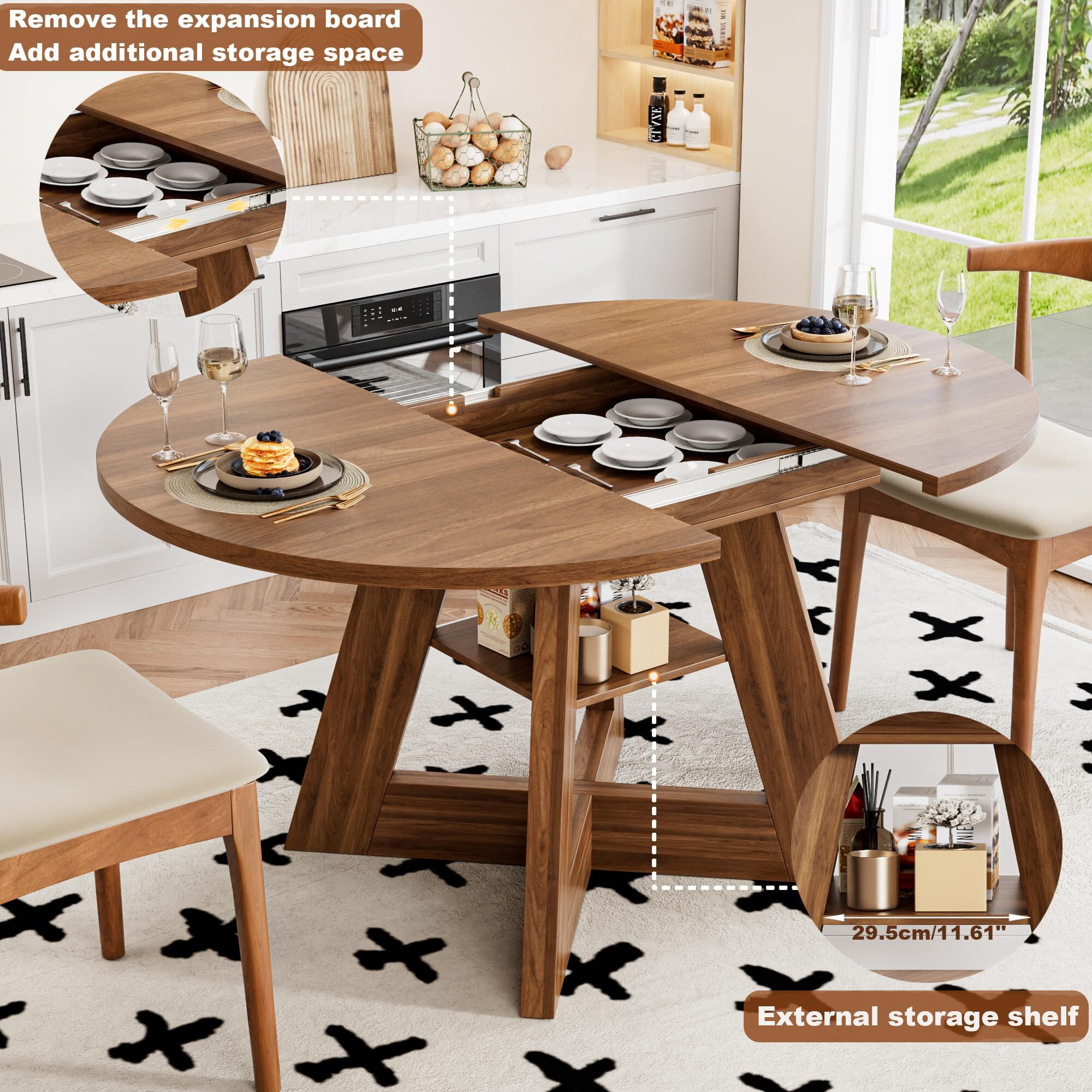 Fsbecl Mid Century Modern Extendable Round Dining Table 43.3in-59in for 4-8, Wooden Kitchen Dining Table, Walnut