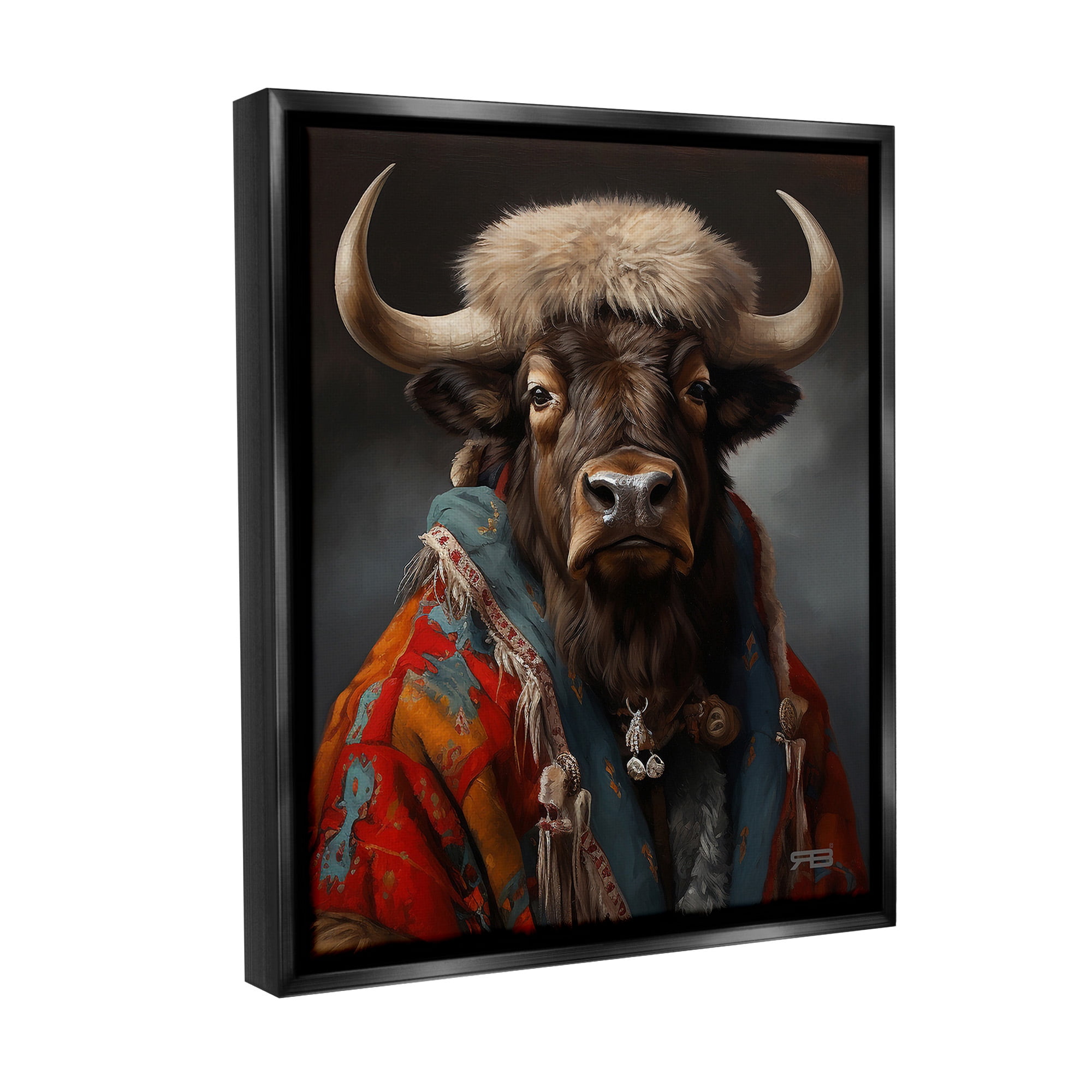 Stupell Industries Cattle with Traditional Clothing Animals & Insects Painting Black Floater Framed Canvas Art Print Wall Art, 17 x 21