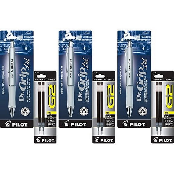 Pilot Dr. Grip Limited Retractable Rolling Ball Gel Pen, Fine Point, Platinum Metallic Barrel, Black Ink 3 Pen (36272) with 6 Black Ink Refill