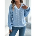 thumbnail image 3 of Women's Casual V-Neck Long Sleeve Sweater Fashion Striped Pullover Cable Knit Preppy Sweater, 3 of 5