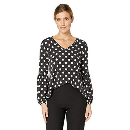 Chaus Women's Long Sleeve V-Neck Dot Print Top, Rich Black, XL ...