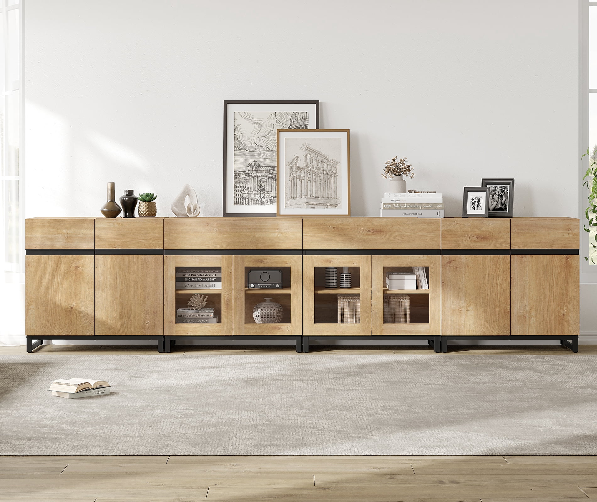 Modern 4-in-1 Chest Of Drawers, Bedroom Storage Dresser with Glass Doors, 2 Drawers, Adjustable Shelf and Sturdy Metal Base for Home,Oak