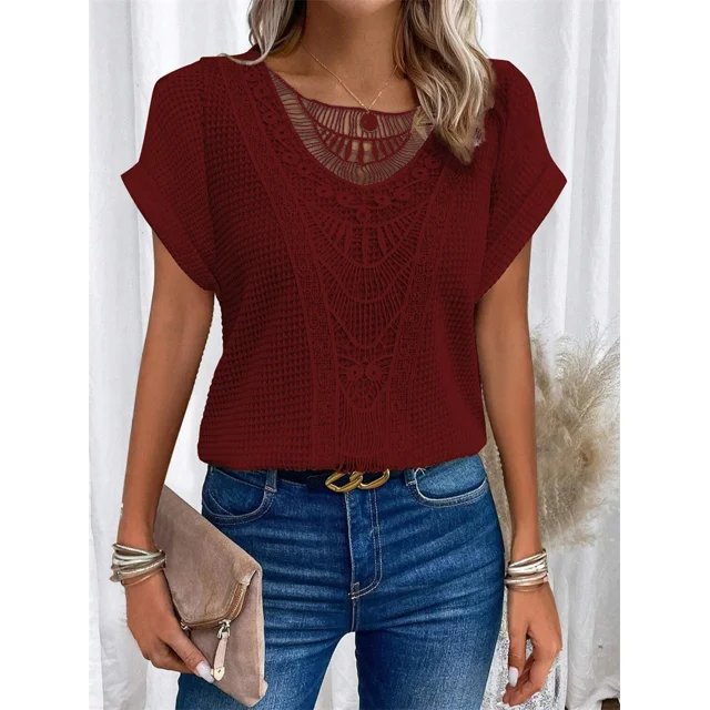 Camiseta tejida de Color liso para mujer, Jersey ahuecado con cuello redondo, Top femenino coreano, camisetas informales cómodas de manga corta