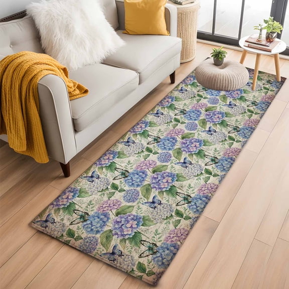 Purple Hydrangea 2'x6' Runner Rugs for Hallway Kitchen Bedside Non Slip Washable, Spring Floral Elegant Pastoral Vintage Entryway Rug Runners with Rubber Backing, Long Carpet Runner for Laundry Room