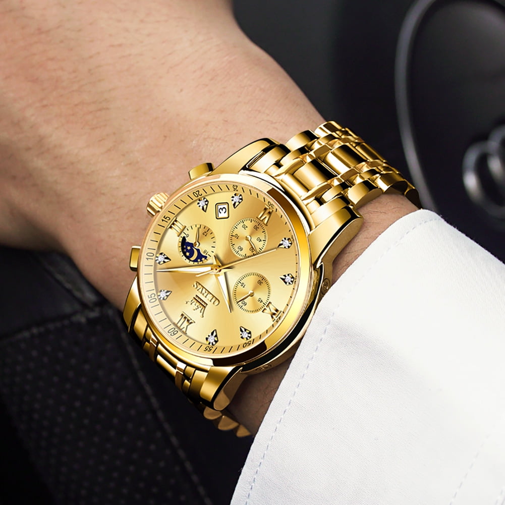 OLEVS Watches for Men, Mens Watches Gifts for Men Chronograph Analog Quartz Luxury Casual Classic Diamond Waterproof Luminous Gold Stainless Steel Reloj para Hombre