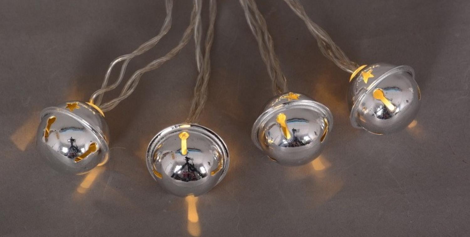 Set of 10 Battery Operated LED Silver Jingle Bell Novelty Christmas