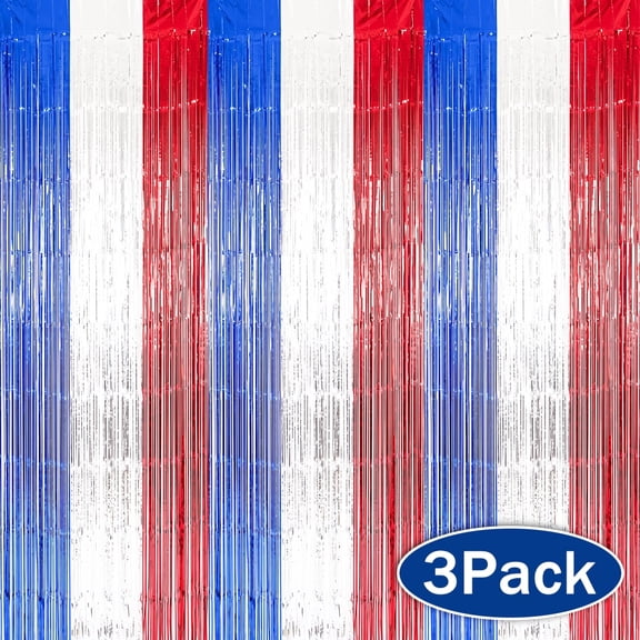 4th of july Decor Tinsel Curtains Foil Fringe Backdrop Red White Blue Patriotic Decor Independence Day Party Supplies 3 PCS