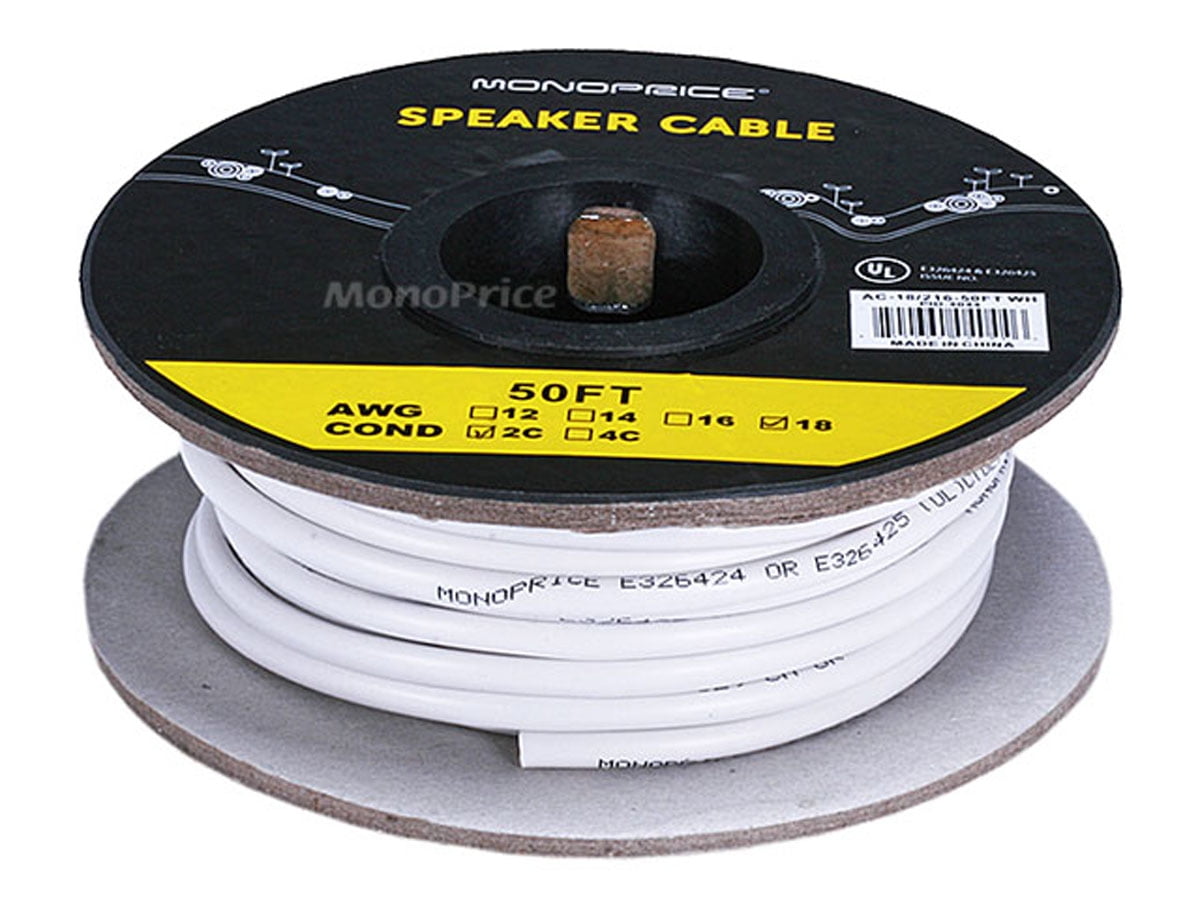 Monoprice Speaker Wire, CL2 Rated, 2-Conductor, 18AWG, 50ft, White