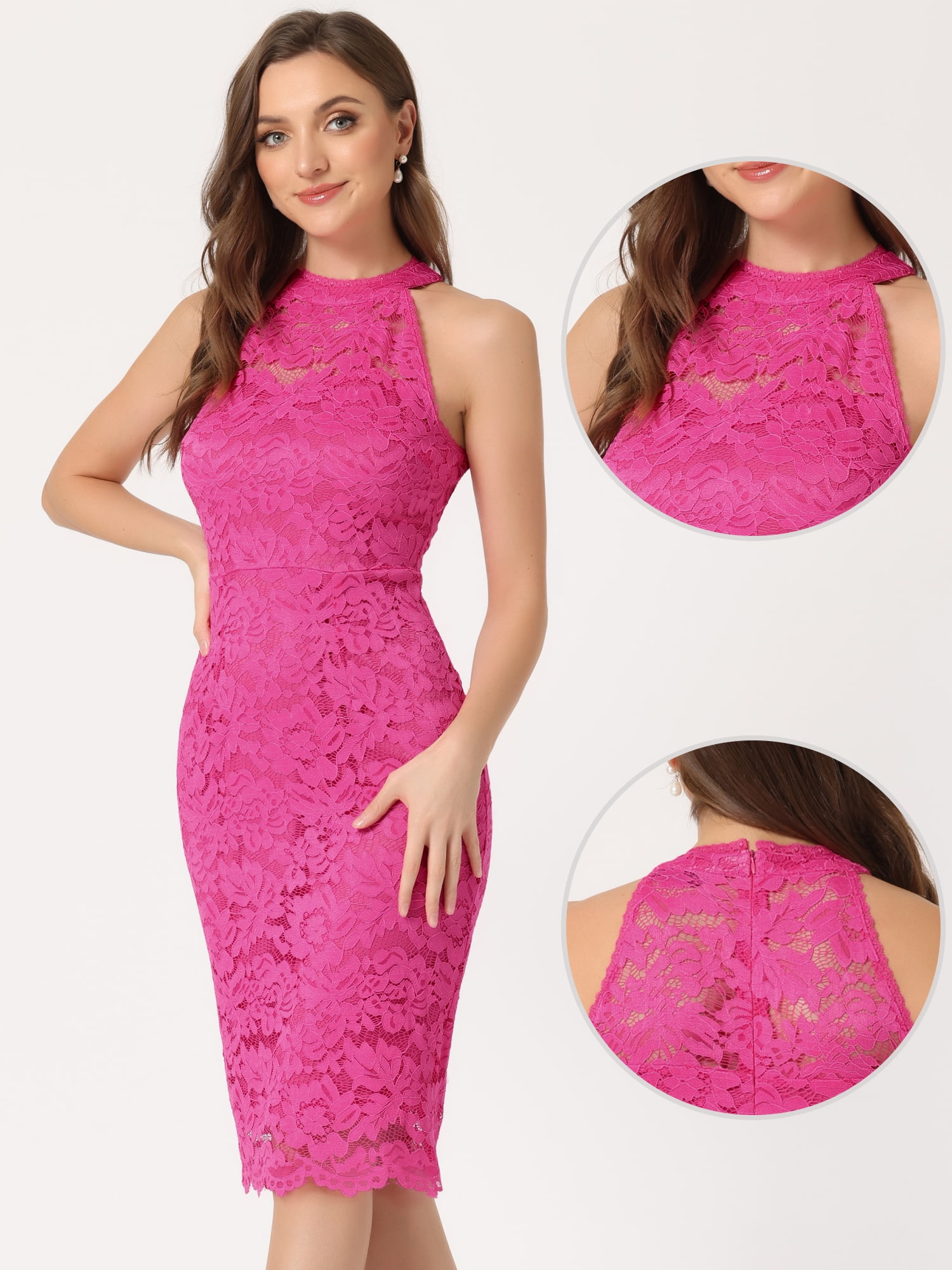 DARING DIVA Lace Halter Neck Sleeveless Bodycon Cocktail Sheath Dress M Hot Pink