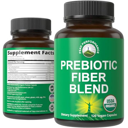 USDA Organic 3-in-1 Prebiotic Fiber - Vegan Capsules for Gut Digestive Health. Raw Whole Food Plant Based Prebiotics Pills Supplement with Inulin (Jerusalem Artichoke) Acacia Fibers SunFiber