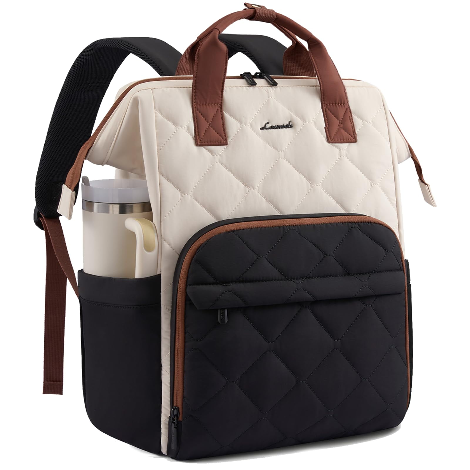 LOVEVOOK Laptop Backpack for Women, 15.6 inch Work Travel Backpack Purse, Puffer Quilted Laptop Backpack Casual Daypack for Nurse Teacher,Black-White-Brown