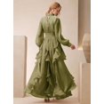 thumbnail image 2 of Womens Green Long Sleeve Pleated Ruched Waist Maxi Dress With Ruffle Hem, 2 of 6