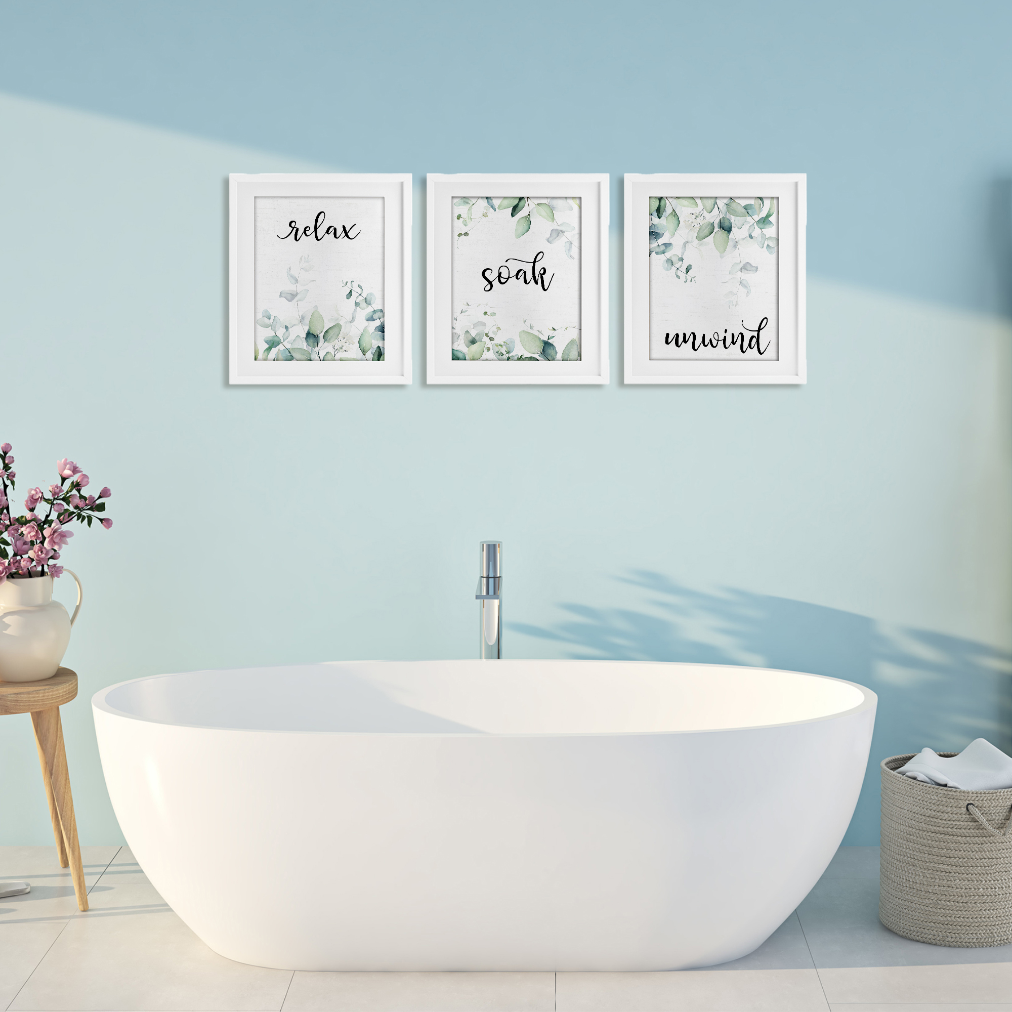 Leafy Bathroom Herbs 3 Piece White Framed Print Under Glass Set, design by Lettered and Lined