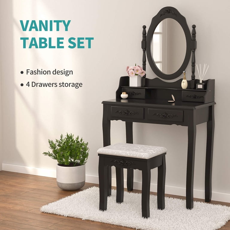 Mecor Vanity Table with Cushioned Stool, Makeup Dressing Table with Oval  Mirror, 4 Drawers Bedroom Vanity Set with Floral Carving, for Women Girls  ...