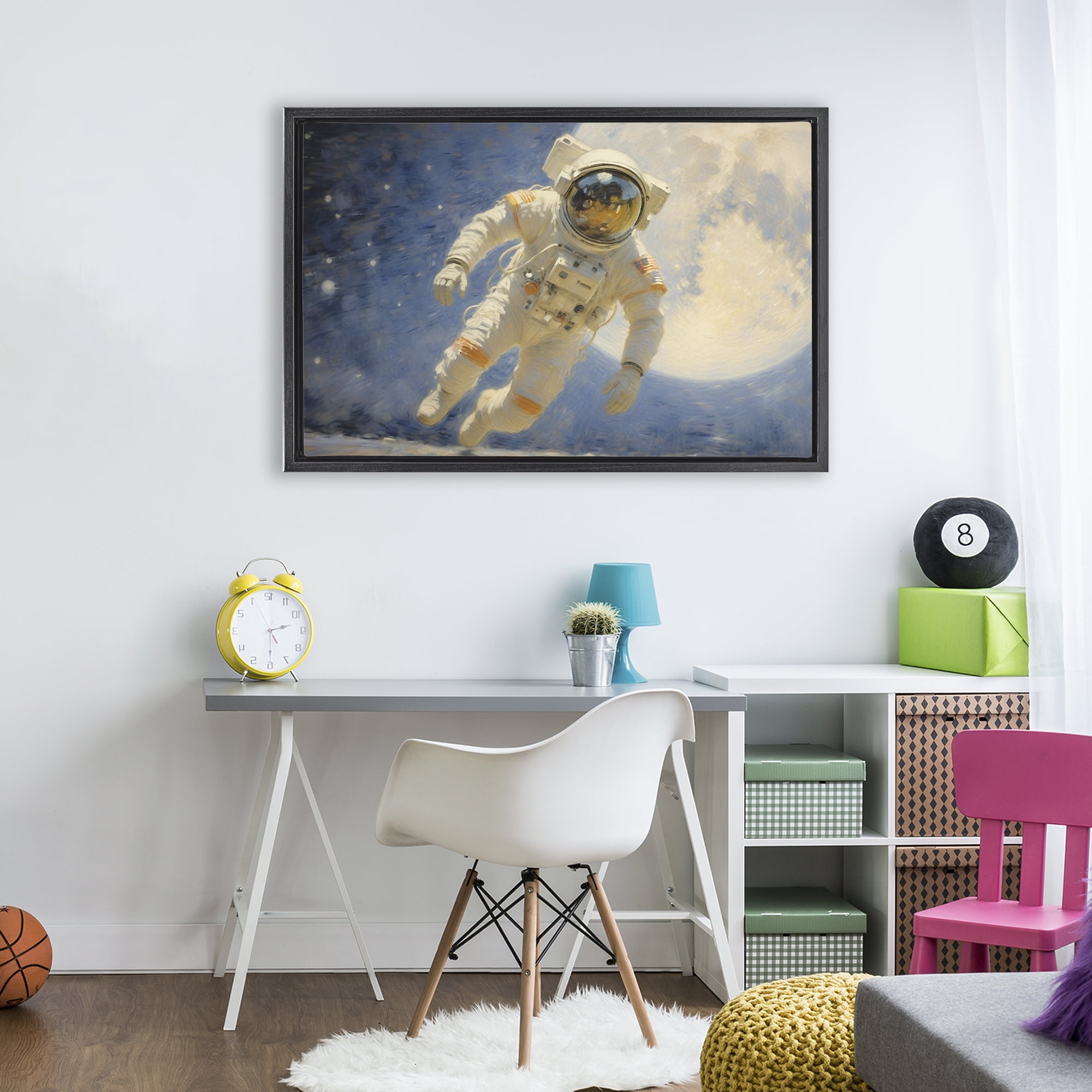 Astronaut in Vast Galaxy Black Framed Floater Canvas Wall Art, design by Angie Hawke