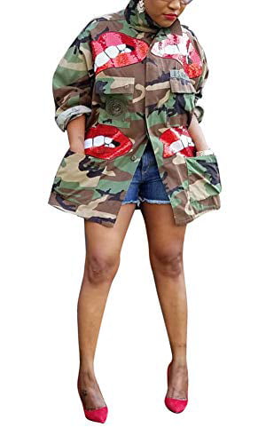 Womens Plus Size Casual Camo Jacket Sequin Lip Print Button Down Shirt Blouse Top with Multi Pockets 
