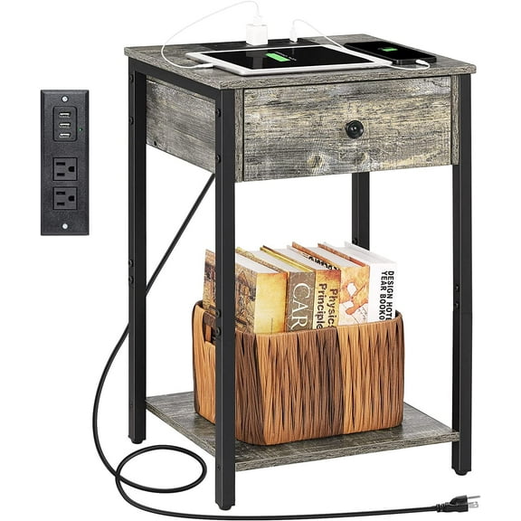 Oumilen Adult Nightstand End Table with Charging Station, USB Ports, Drawer and Storage Shelf, Gray
