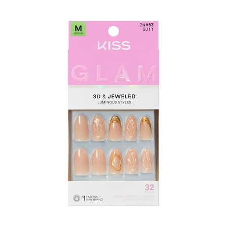 KISS GLAM 3D & Jewel Press On Nails , ‘Blossoming Love’, Beige, Medium Round, 32 Count