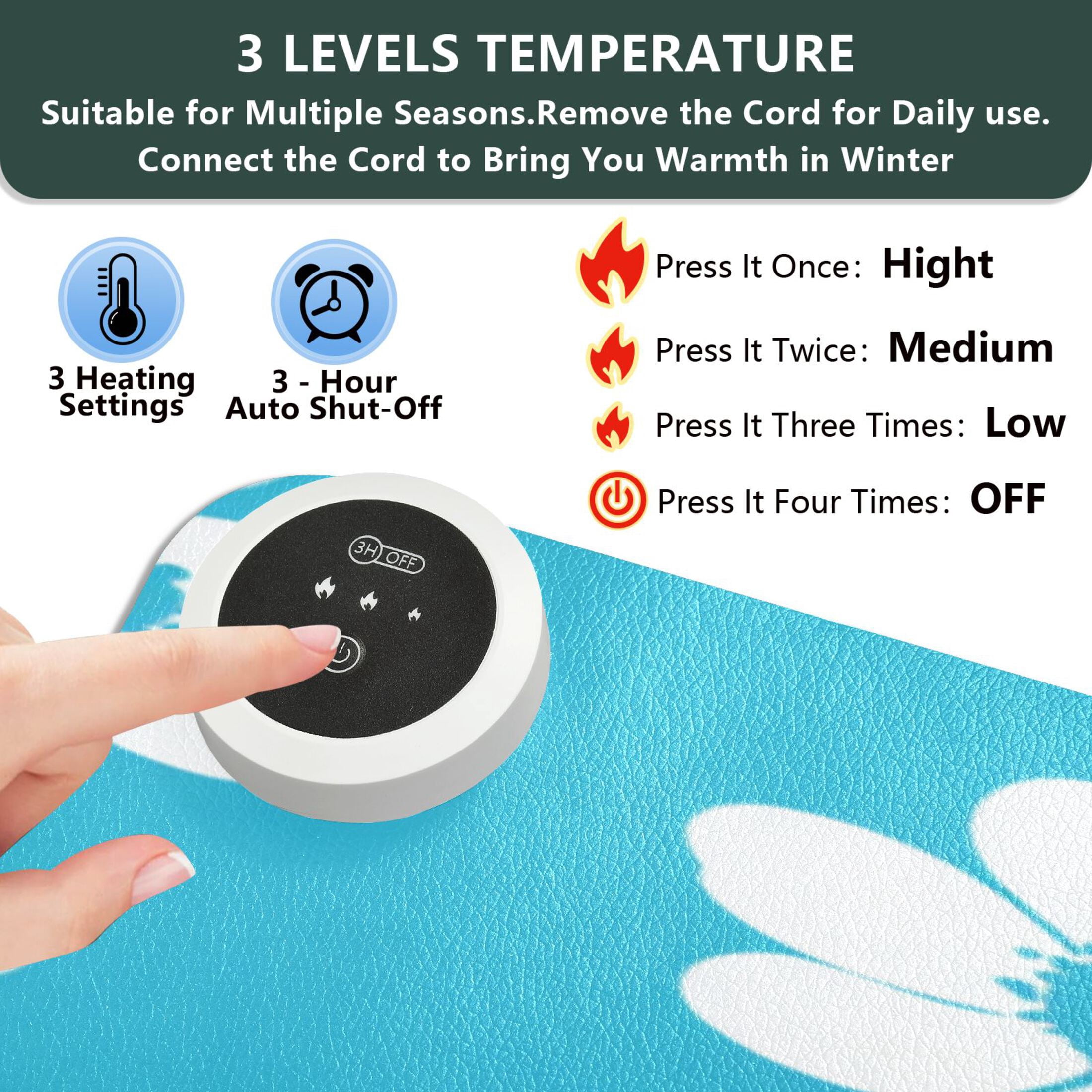 Large Heated Desk Mat Mouse Pad 31.5"x13"PU Leather Graphene Heating Desk Warmer with 3 Temperature Settings 110V US Plug Non-Slip Warm Pad for Home, Office, and Gaming Turquoise White Daisy Floral