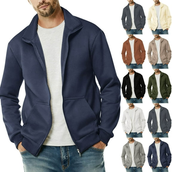 Jinhomg Mens Fleece Full Zip Up Sweatshirt Casual Mock Neck Jacket Sweatshirts No Hood Lightweight Cardigan Coats with Pockets