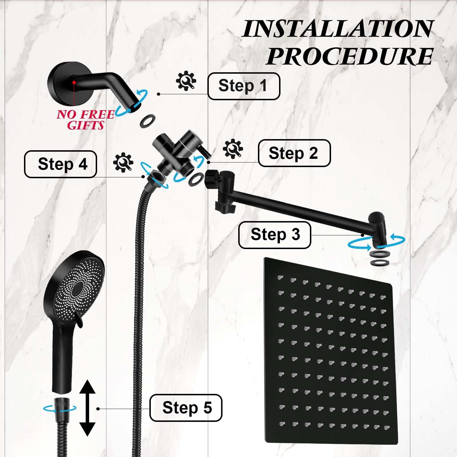 Shower Head  8 Inch Multifunction High Rain With Handheld Spray Combo 11'' Angle Adjustable Extension Arm/flow Regulator/shower System Matte Black