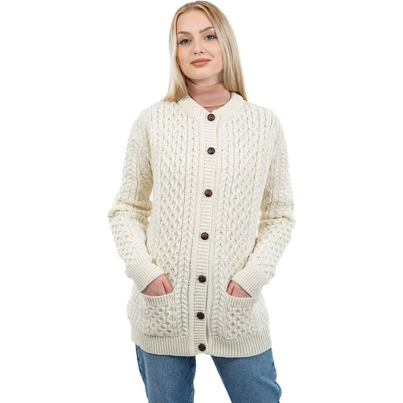 Irish Women's Aran 100% Merino Wool Buttons Up Lumber Cardigan with Pockets