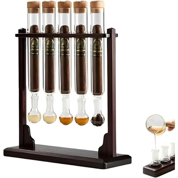 Cigar Flavor Injector Humidifier, Cigar Infuser Kit, Cigar Infuser Glass Tube Kit, Handmade DIY Aromatherapy Wooden Base Display with Hygrometer & Airtight Caps(5-tube)