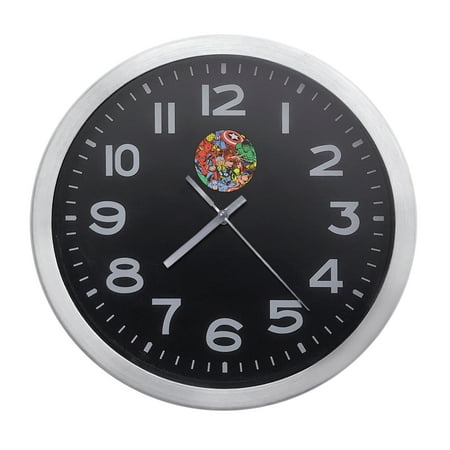 Wall Clock Home Decor or for a Patio/RV/Game Room 10 Round Silver Edge with a Black Face Featuring Your Choice of a Comic Superhero Themed Vinyl Decal - FREE Battery Included (Avengers Original)