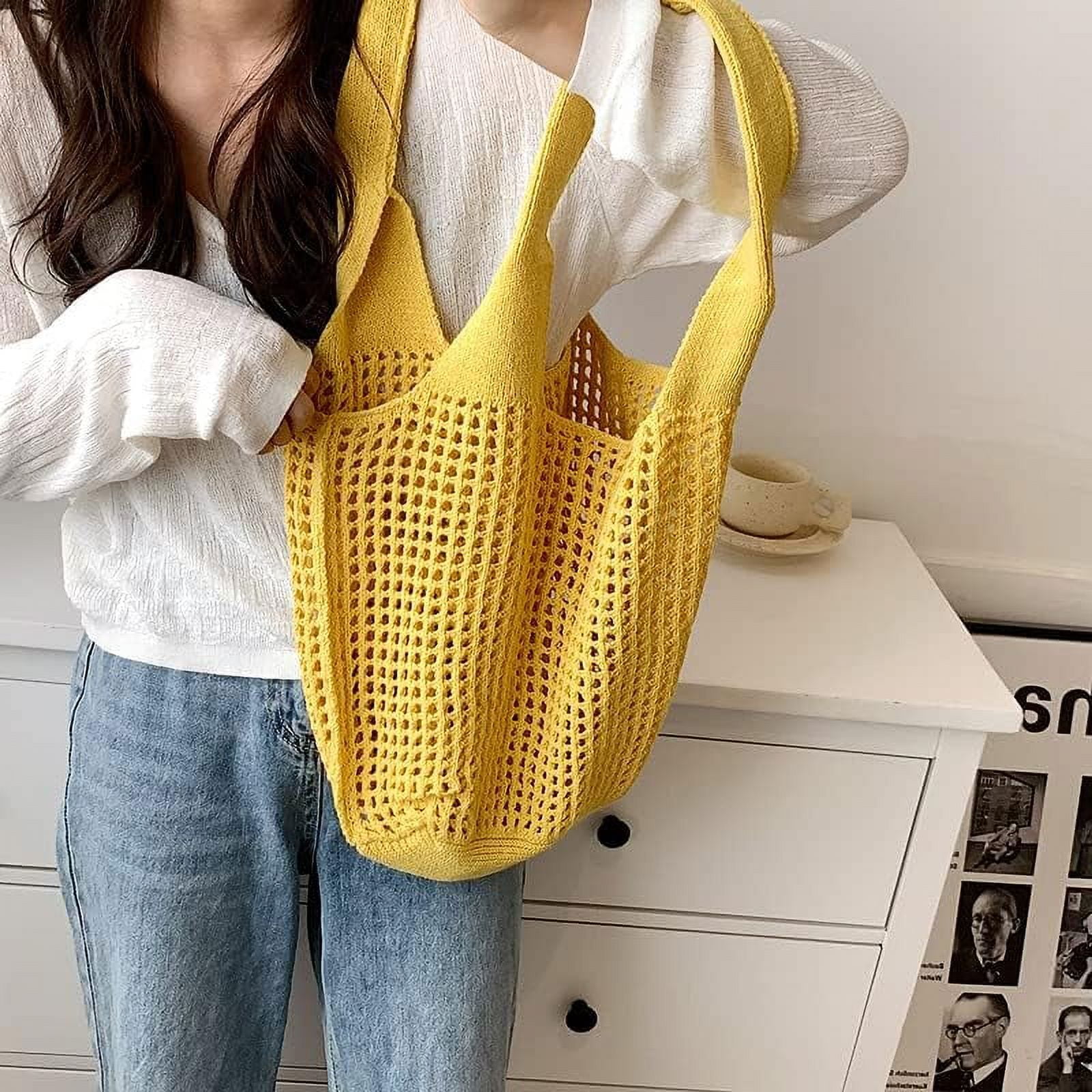 LinYooLi Crochet Tote Bag, Cute Boho Knit Tote Bag Y2K Large Crochet Beach Bag Shoulder Bag Handbag