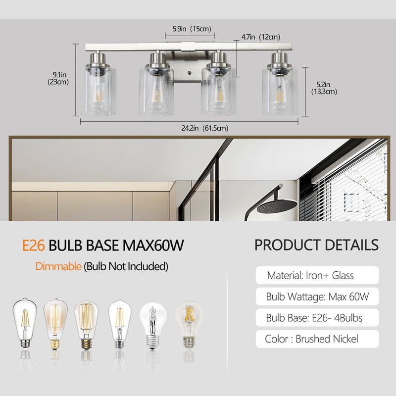 24" Modern 4-Light Bathroom Vanity Light Fixture - Brushed Nickel Finish with Clear Glass Shades, Perfect for Bathroom, Vanity, and Dressing Area Lighting (No Bulbs)