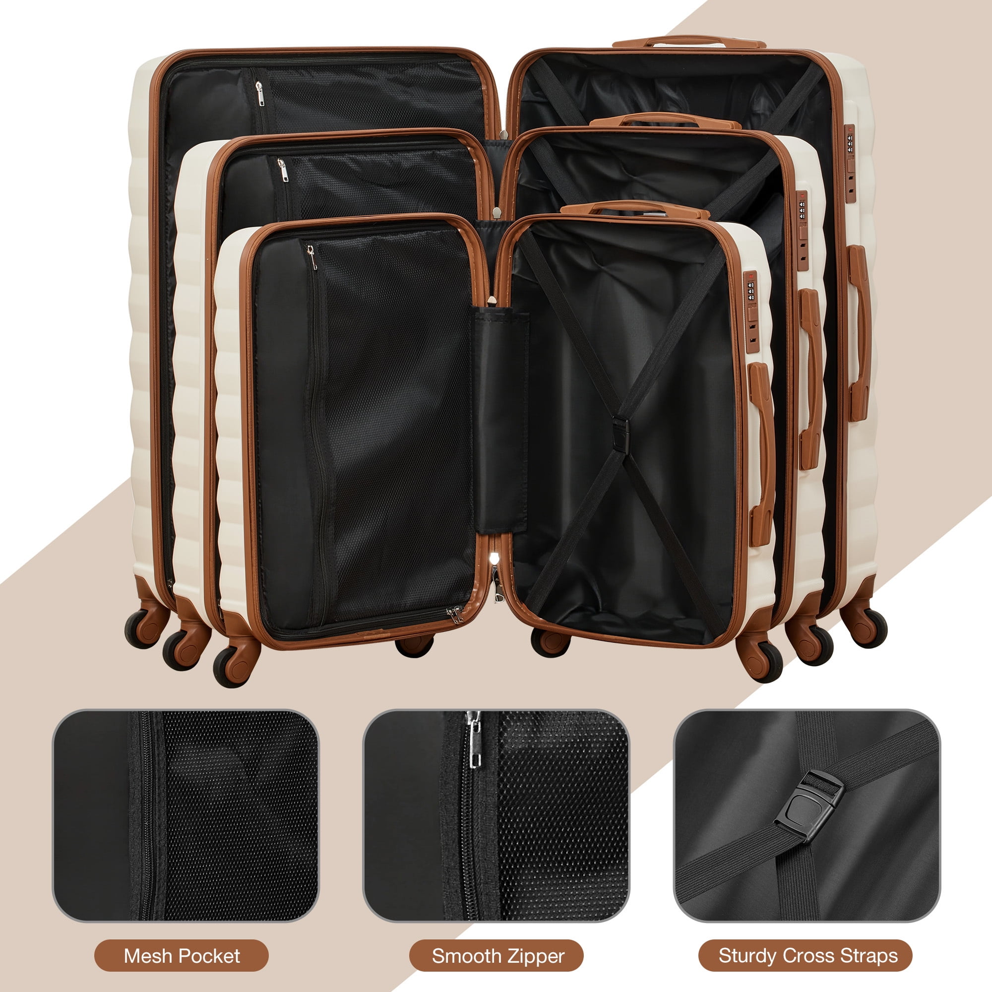 Gowill 3 Piece Luggage Sets 20"/24"/28" Lightweight Hardside ABS Checked Suitcases with Spinner Wheels, White&Brown