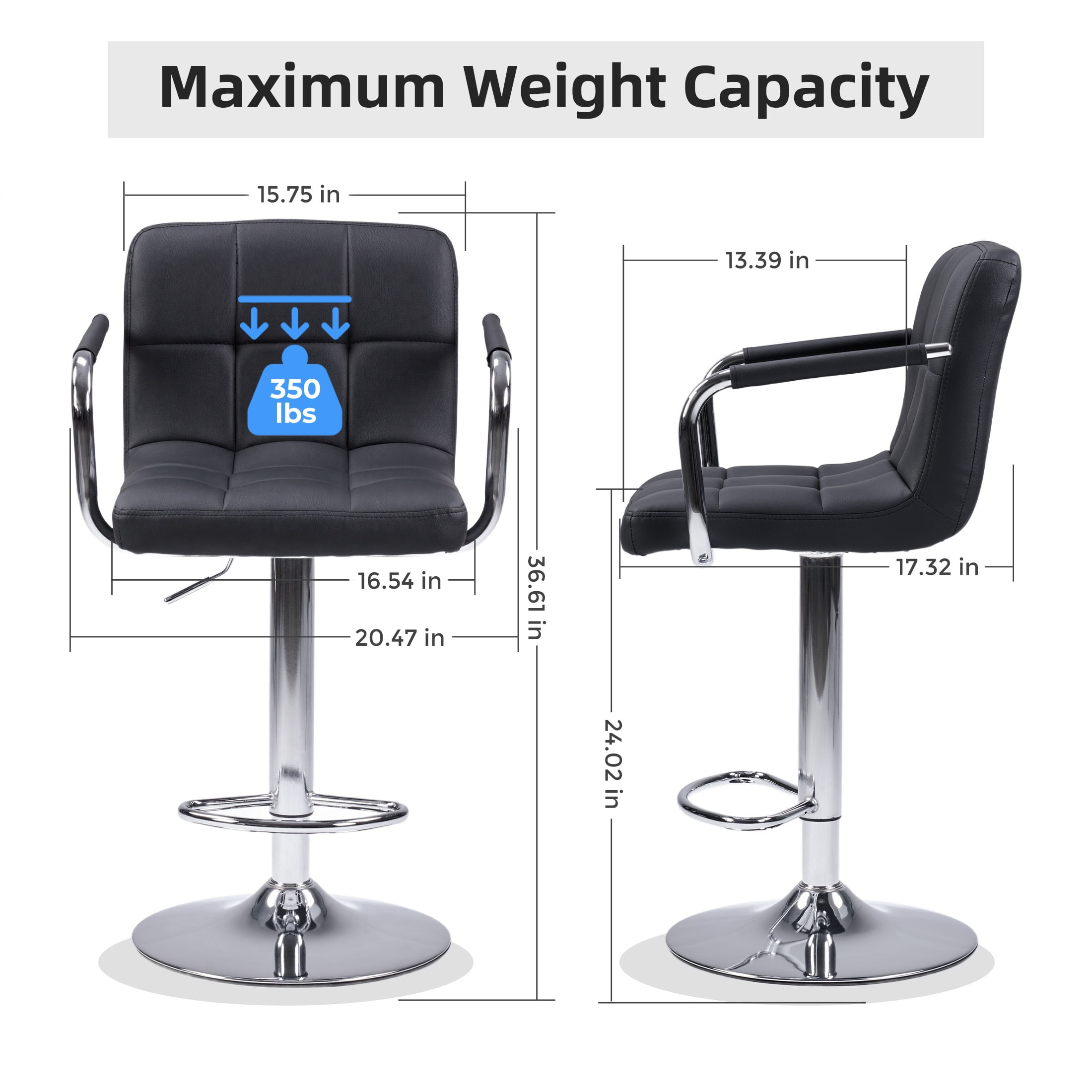 CONCETTA Set Of 2 Swivel Bar Stools With Armrests, Made of Adjustable Pu Leather with Back & Footrest,Black