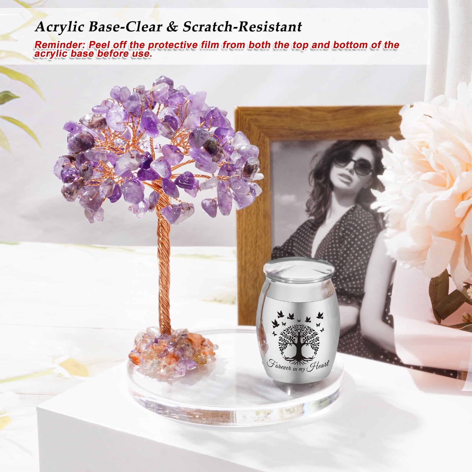 Small Urns for Human Ashes Cremation Keepsakes Urn Stainless Steel 1.57 inches Mini Urn for Human Ashes with Amethyst Crystal Tree Decorative Urn Tree of Life Cremations Ash Keepsake