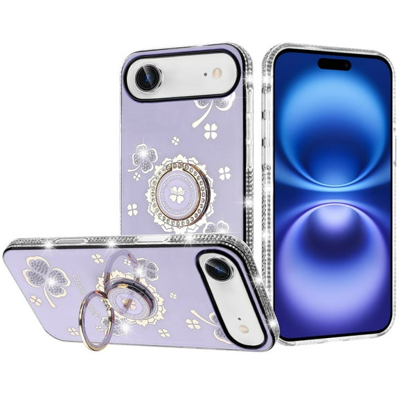 For iPhone 17 Air Splendid Glitter with Diamonds All Around Edges Ring Stand Case Cover - Purple